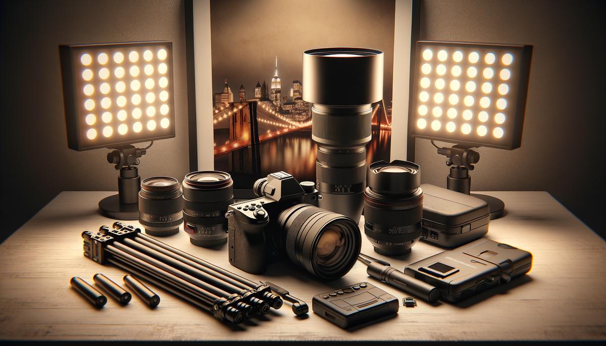 A collection of camera equipment ideal for nightlife photography, including a full-frame camera, fast prime lenses, and portable LED lights