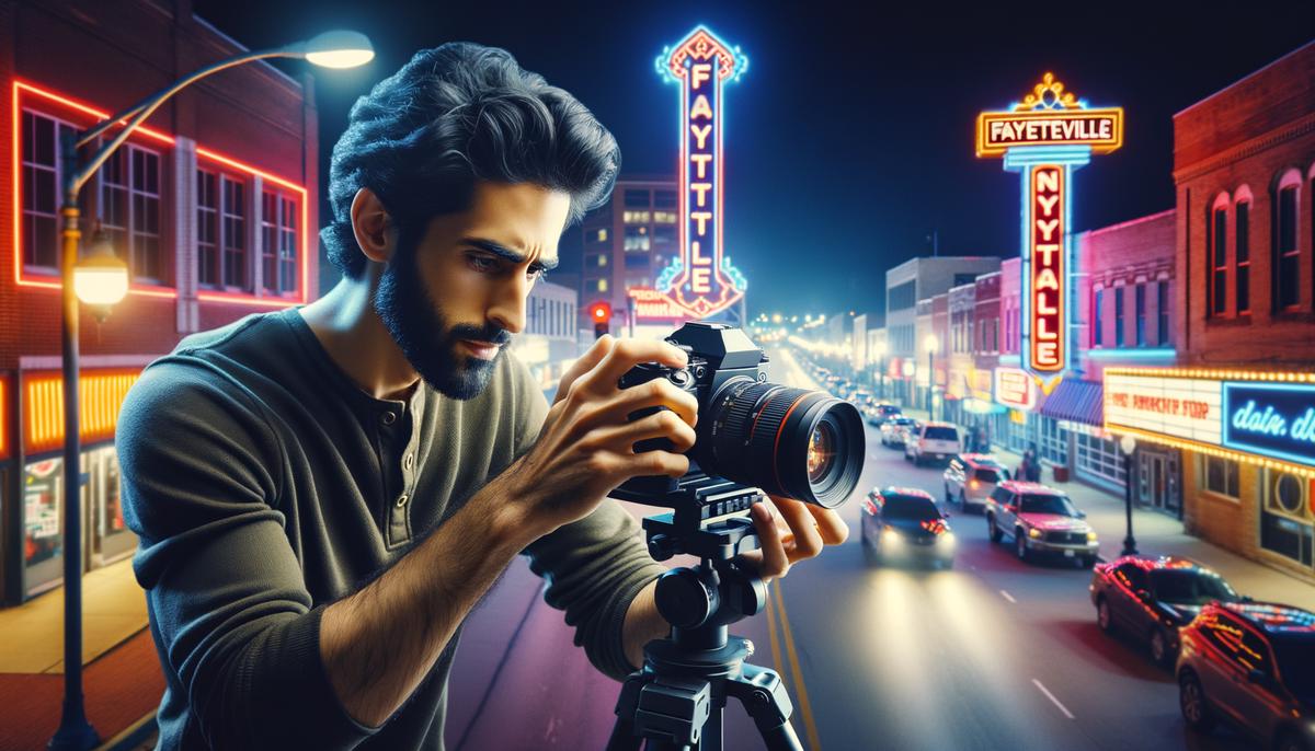 A photographer capturing a nightlife scene using a tripod and adjusting camera settings