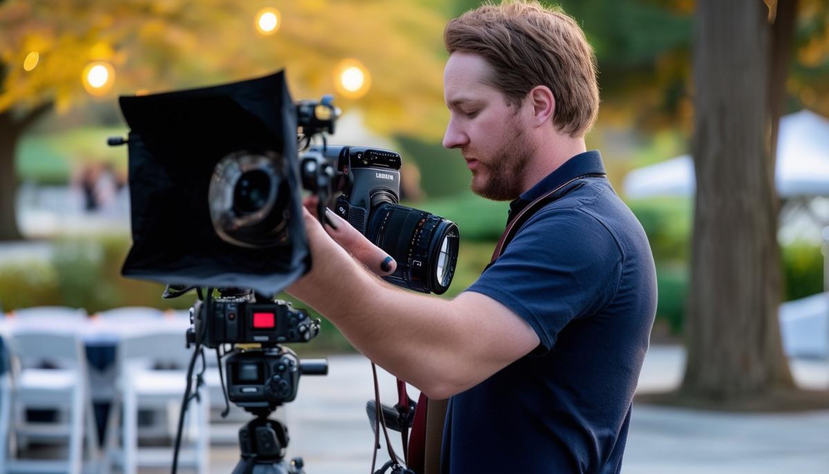 A New Jersey event photographer carefully setting up equipment before an event, demonstrating attention to detail and professionalism