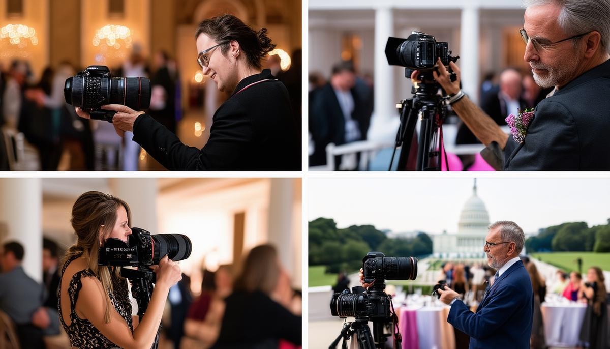 A collage of four distinguished Washington DC event photographers at work, each capturing a different type of event