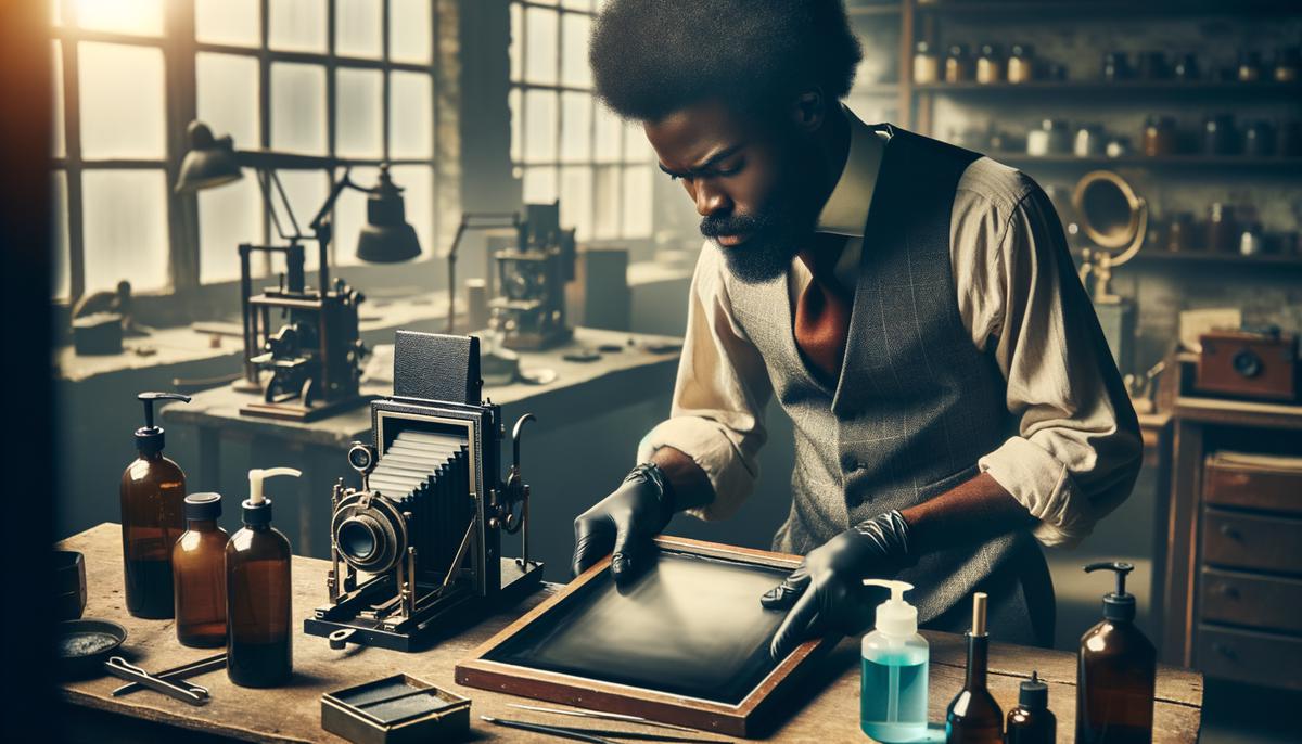 Noyel Gallimore working on a tintype photograph in his Portland studio, showcasing the intricate process and vintage equipment