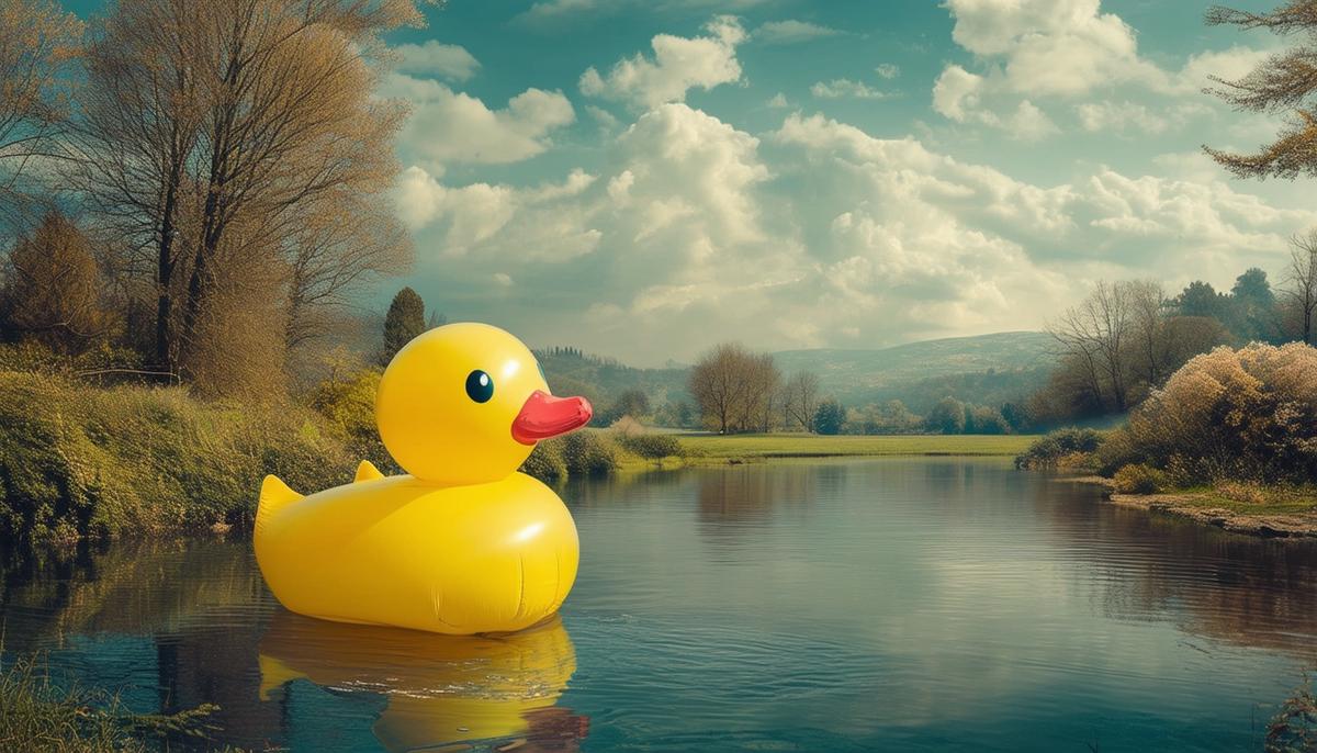 A surreal landscape photograph with a bright yellow inflatable duck disrupting a serene 19th-century romantic painting-inspired scene