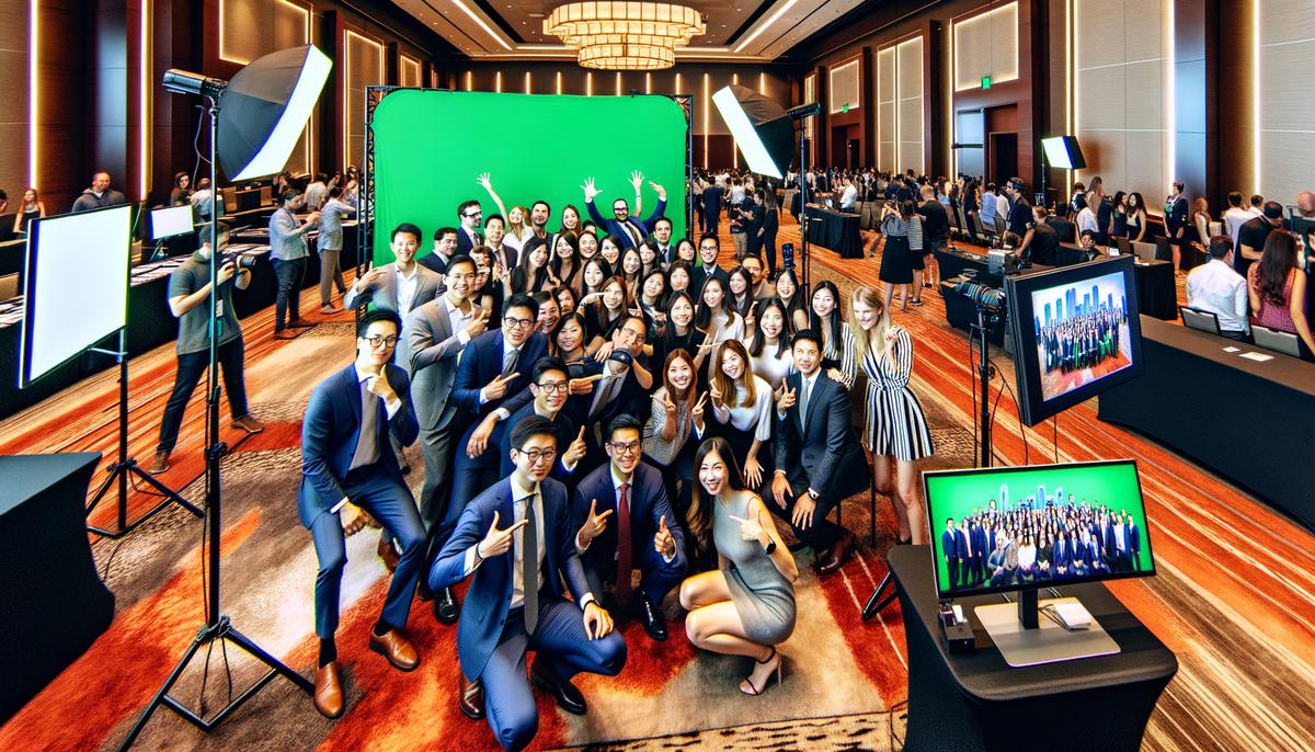 An on-site printing station with green screen setup at a Dallas corporate event
