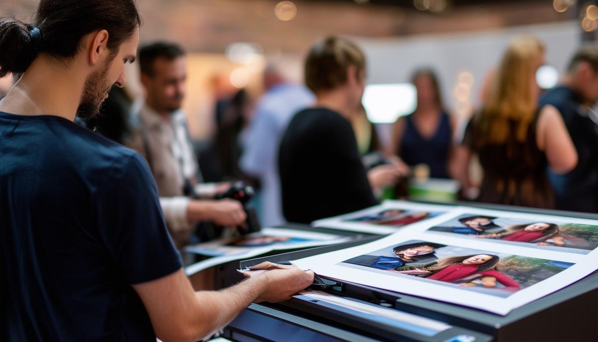 A professional photographer providing an on-site printing service at a corporate event, with attendees receiving high-quality prints of their photos.