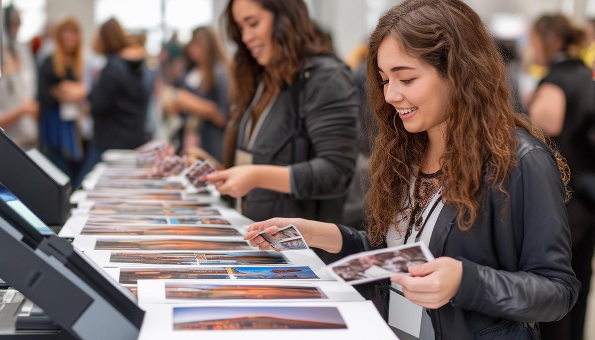 An on-site printing station at a corporate event with attendees receiving their printed photos
