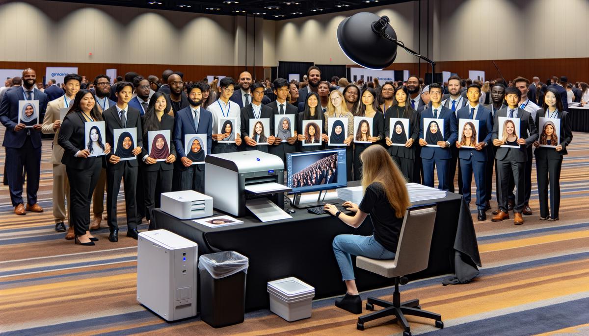 An on-site printing station at a corporate event with attendees receiving their photos