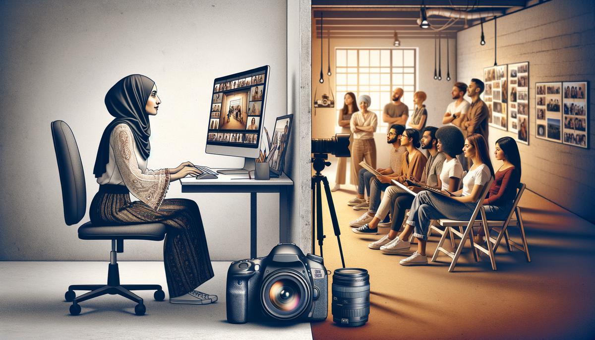 Split-screen image showing an online photography class on a computer and an in-person photography workshop
