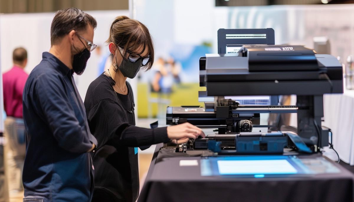 A photographer and technician operating an onsite printing station at a corporate event in Dallas