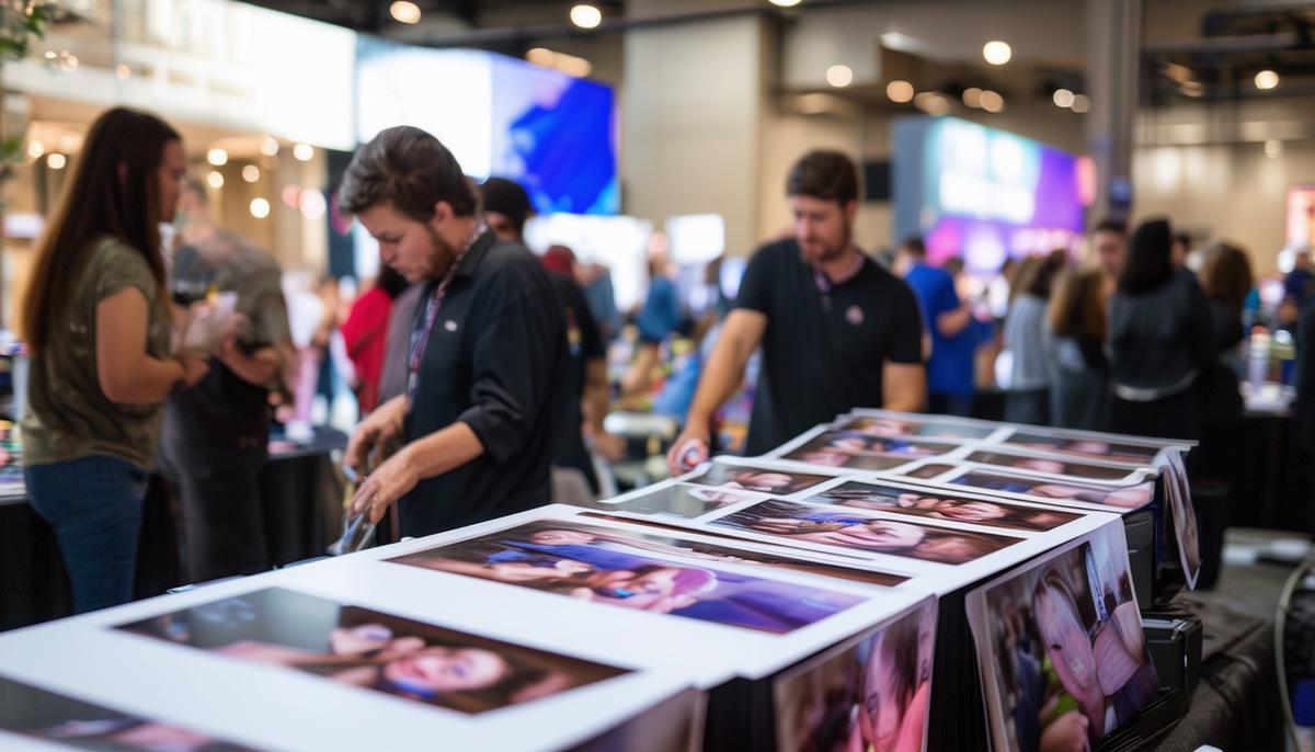 An onsite printing station at a Dallas corporate event, with attendees receiving branded photo prints