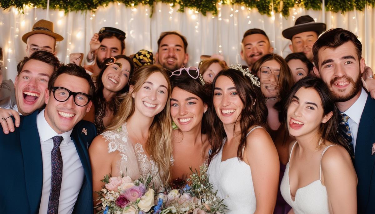 An elegant open-air photo booth at a wedding with a large group posing for a photo