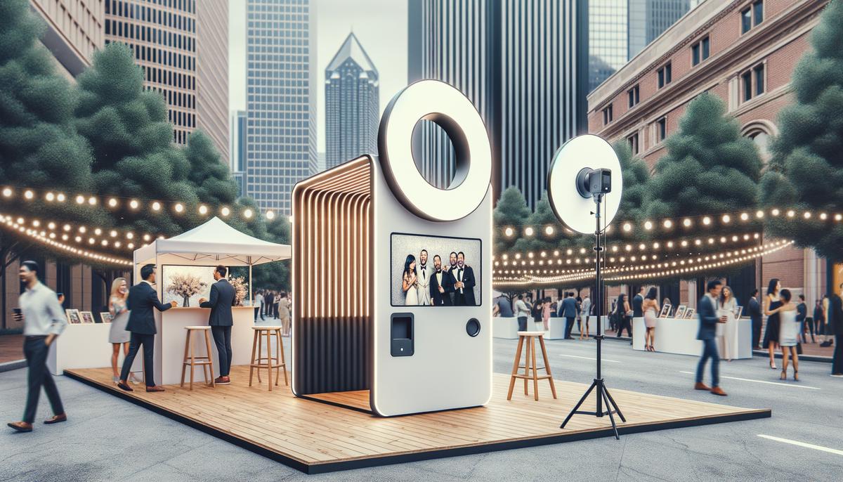 An open-style photo booth with a ring light and customizable backdrop at an Atlanta event