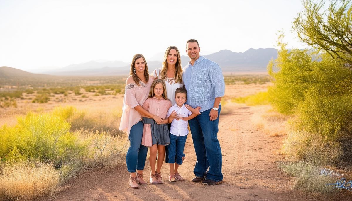 A family of four posing for an outdoor portrait session in a scenic Albuquerque location