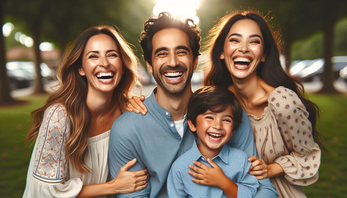 A happy multi-ethnic family laughing together during an outdoor portrait session