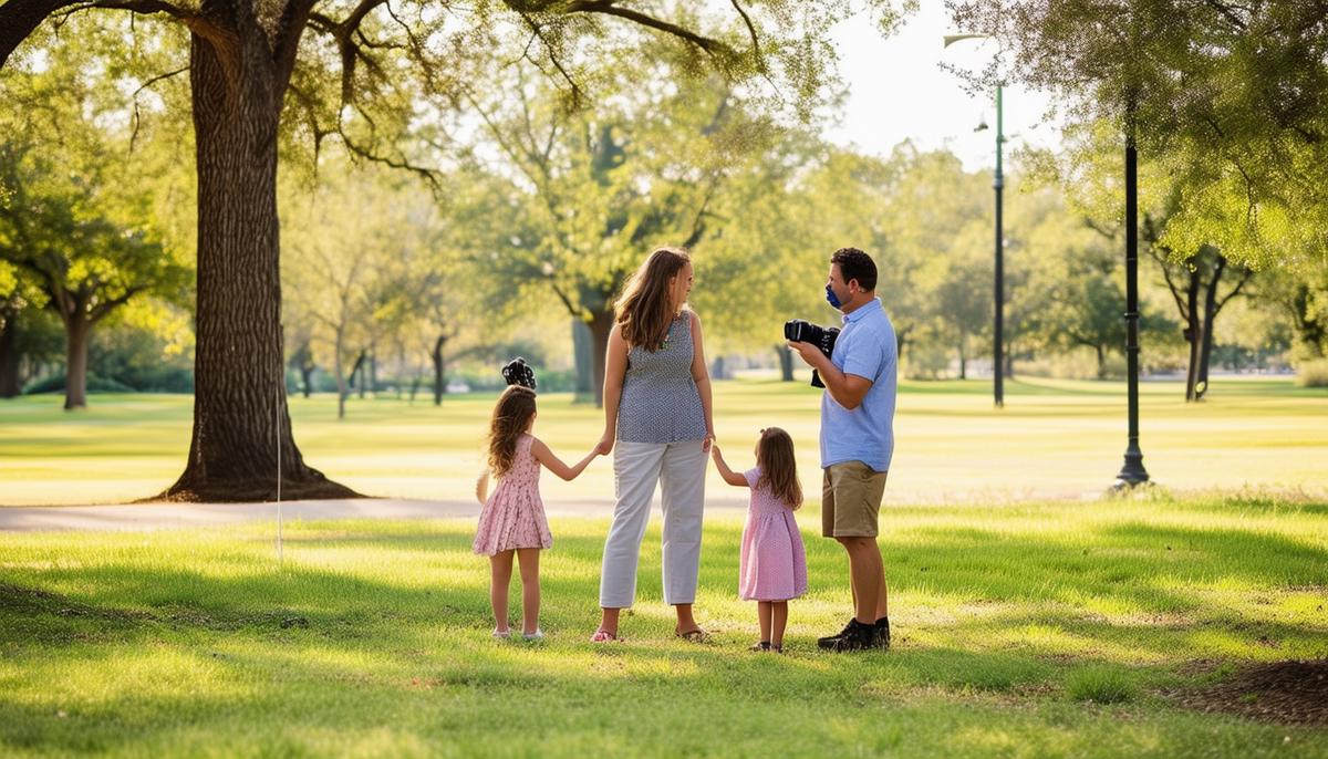 A photographer conducting an outdoor photo session with a family in a Dallas park