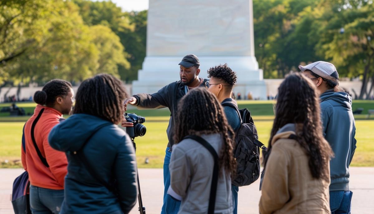 An outdoor photography workshop near a DC monument, with an instructor demonstrating camera techniques to a small group of diverse students
