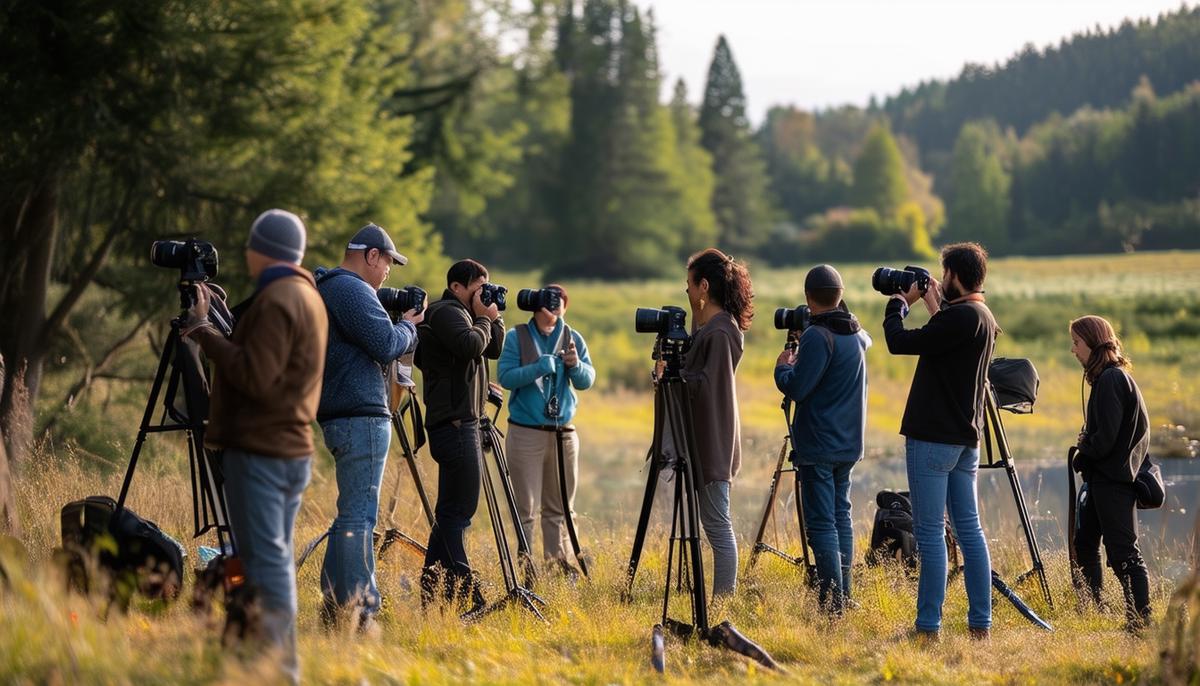 An outdoor photography workshop with participants practicing techniques