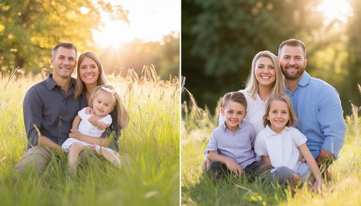 Split image comparing an outdoor family photo session with a studio session