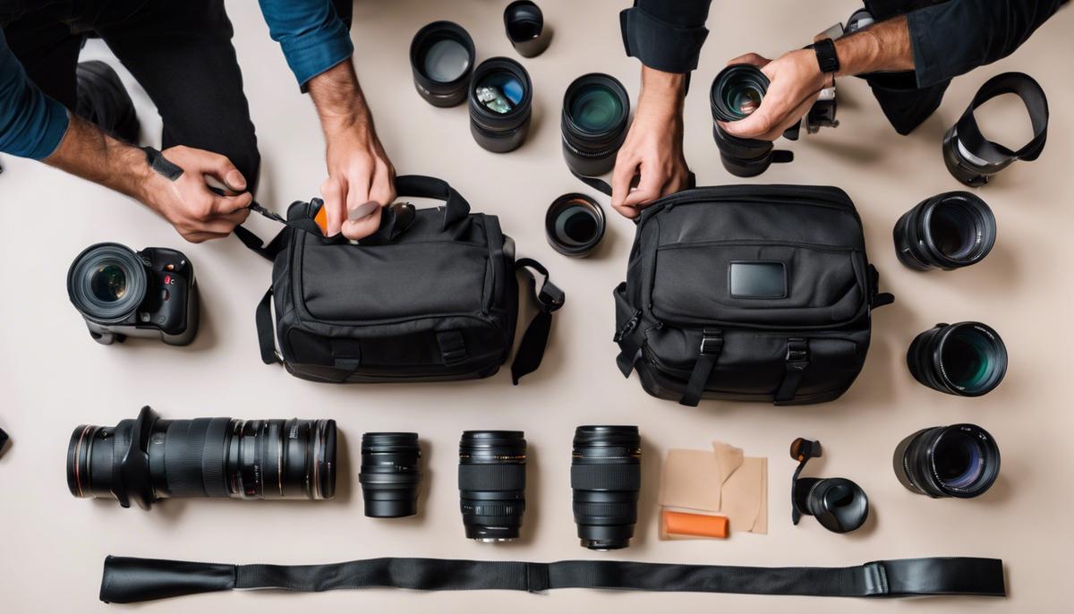 High quality photo of a photographer's hands packing various camera lenses and bodies into a camera bag in preparation for photographing a corporate training session.