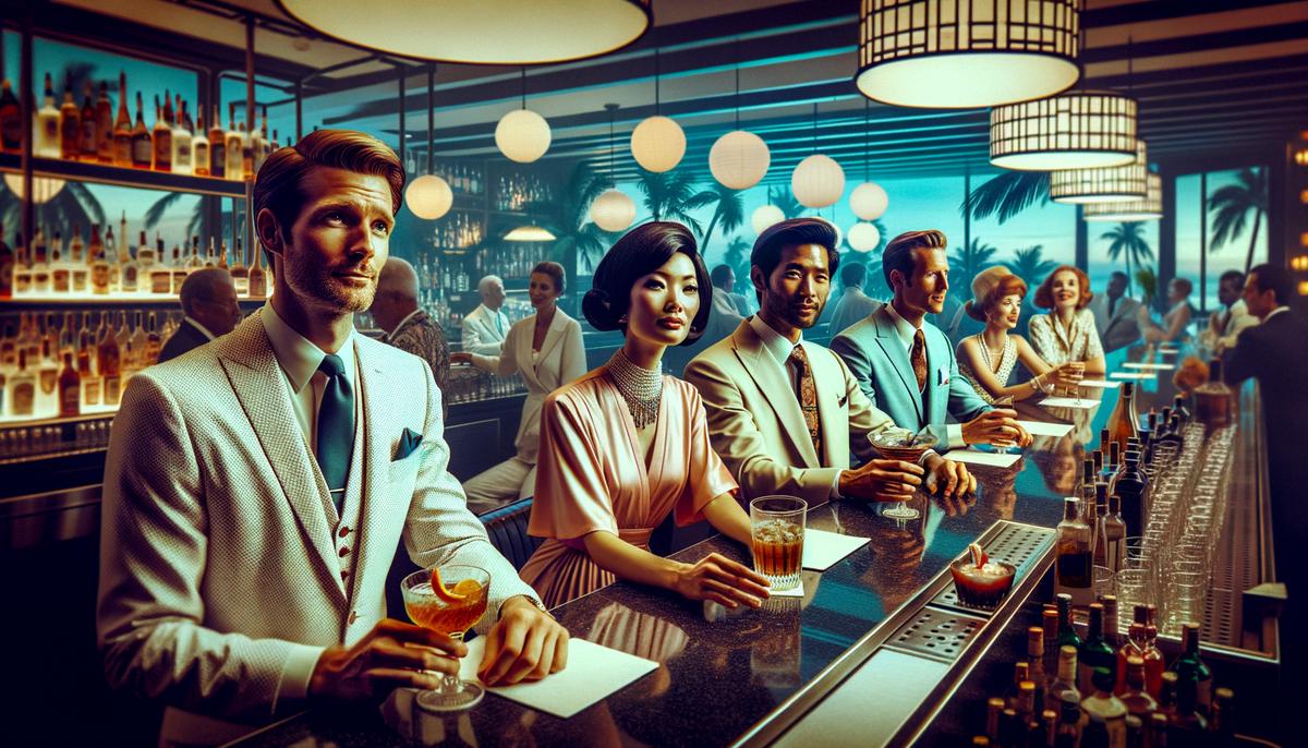 A stylish nightlife scene blending 1960s Palm Beach glamour with modern elements
