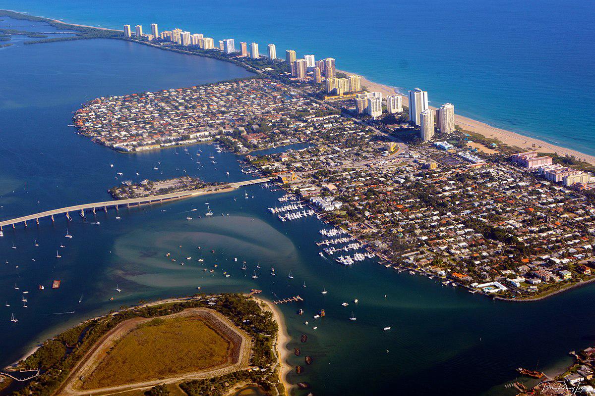 Aerial view of Palm Beach coastline showing beaches, ocean, and luxury properties