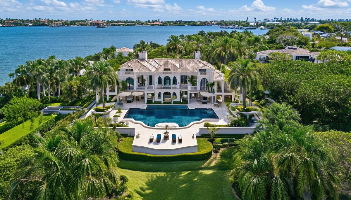 An aerial view of a luxurious Palm Beach waterfront property captured by a drone, showing the estate's relationship to the surrounding landscape