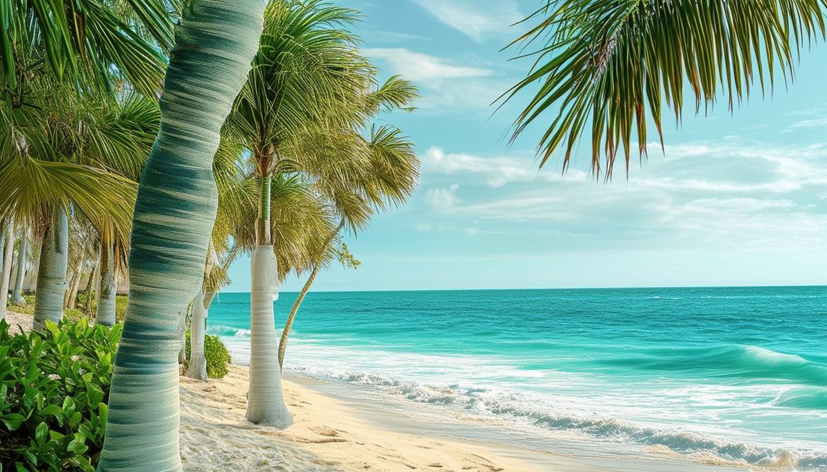 A visually striking scene in Palm Beach showcasing a harmonious color palette of ocean blues, sandy beiges, and lush greens