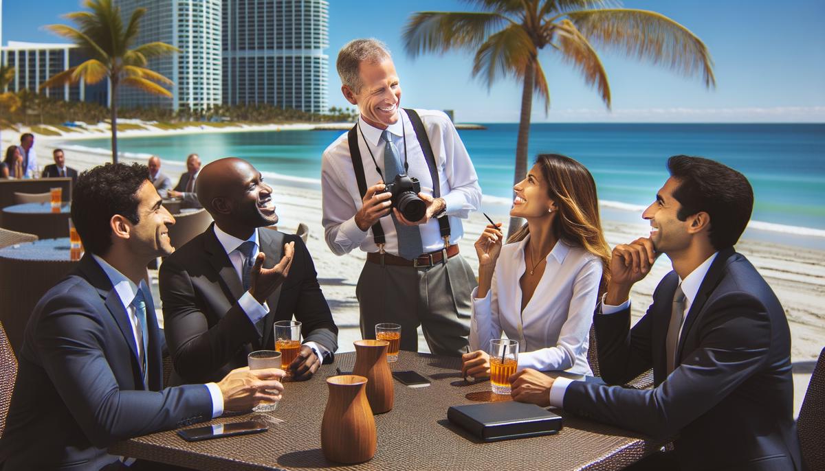 A corporate event photographer capturing a candid moment between executives with Palm Beach's oceanfront in the background