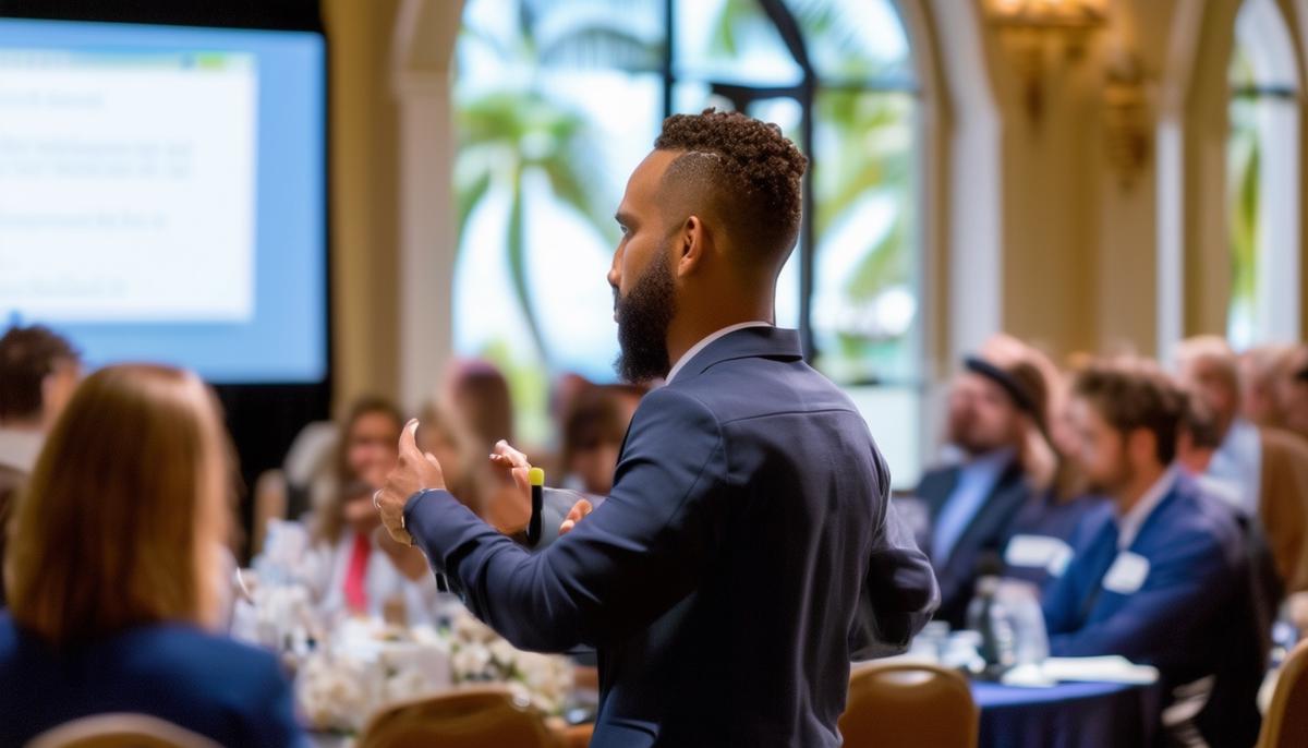 A professional event photographer in action at a Palm Beach corporate seminar, capturing a speaker's presentation