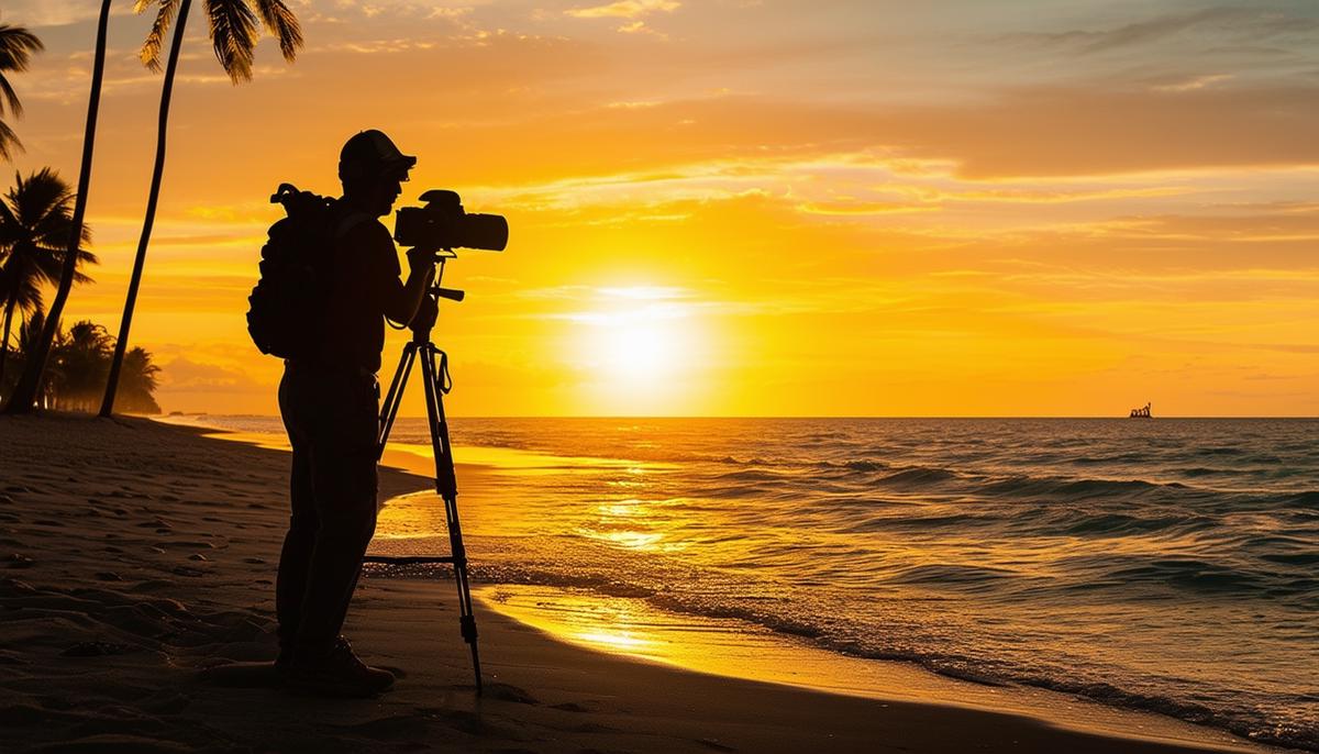 A photographer silhouetted against the golden hour sky on a Palm Beach shoreline
