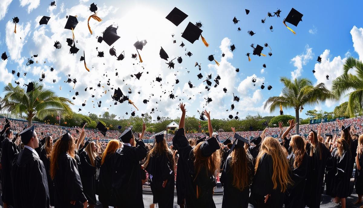 A panoramic view of a Palm Beach high school graduation ceremony with graduates throwing caps in the air