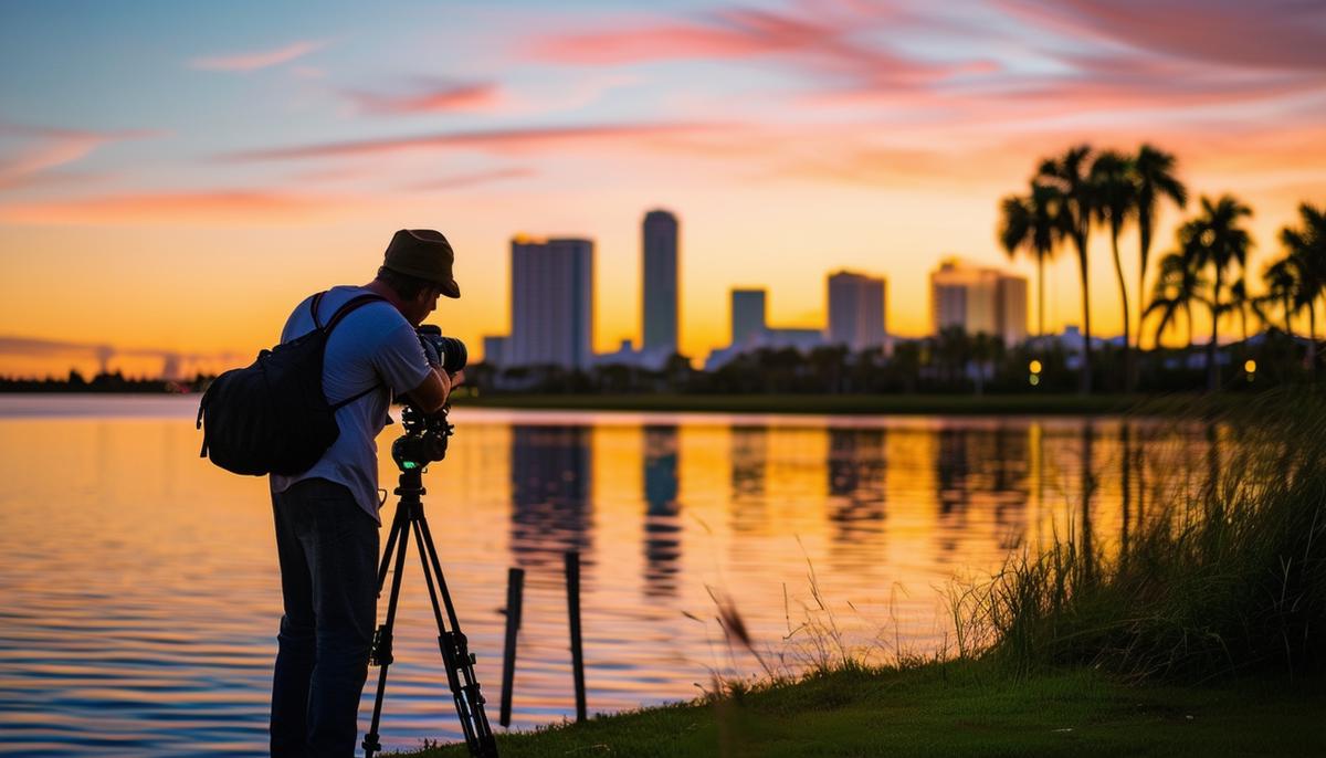A photographer capturing a portrait on the Palm Beach Lake Trail at sunset with the West Palm Beach skyline in the background