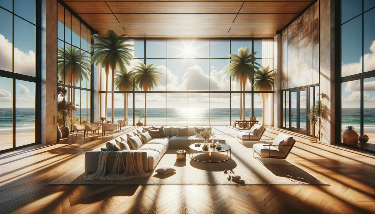 A bright, airy living room in a Palm Beach home with large windows showcasing a panoramic ocean view