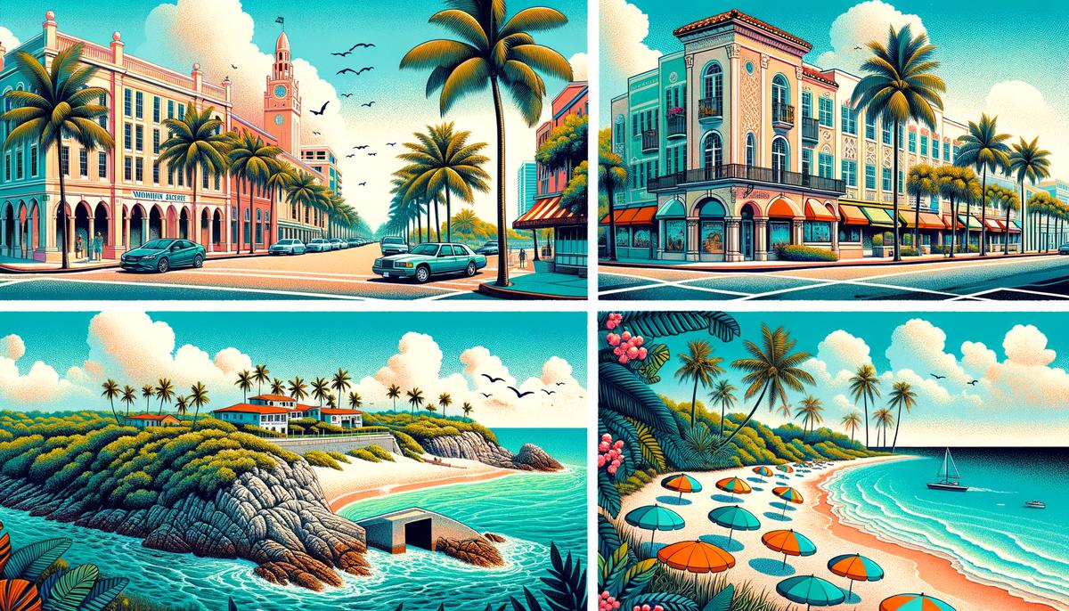A collage of four stunning Palm Beach photography locations: Worth Avenue, Municipal Beach, Ocean Reef Park, and Peanut Island Park
