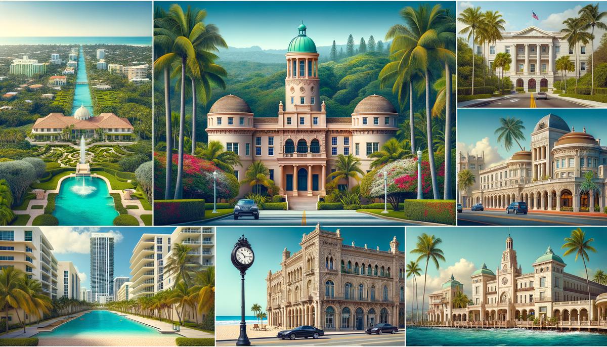 A montage of popular Palm Beach portrait locations including Mounts Botanical Garden, The Breakers hotel, and Worth Avenue Clock Tower