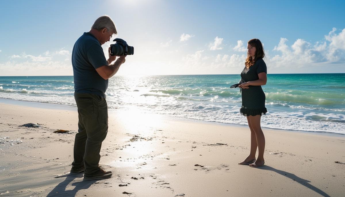 A photographer demonstrating portrait techniques on a Palm Beach shore, using reflective surfaces and natural light