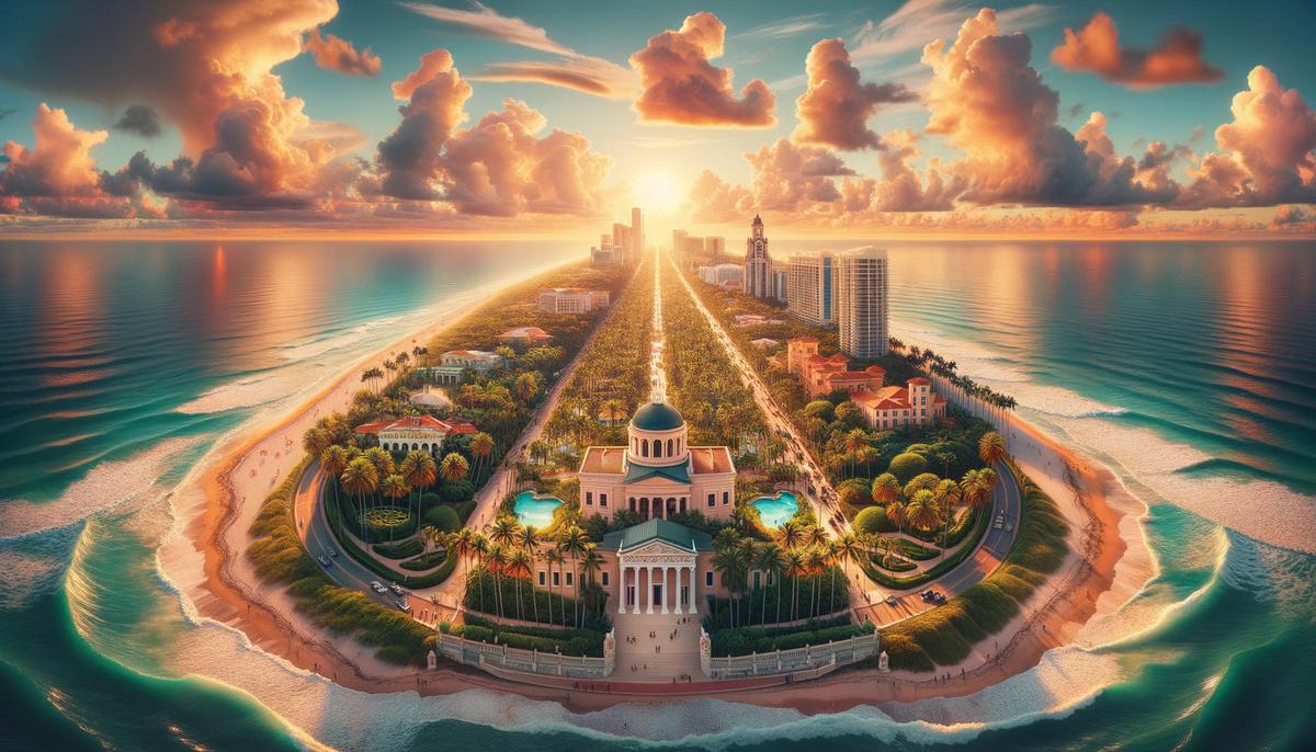 A panoramic view of Palm Beach's best prom photo locations, showcasing the beach, Mounts Botanical Garden, Flagler Museum, Worth Avenue, and Loxahatchee River