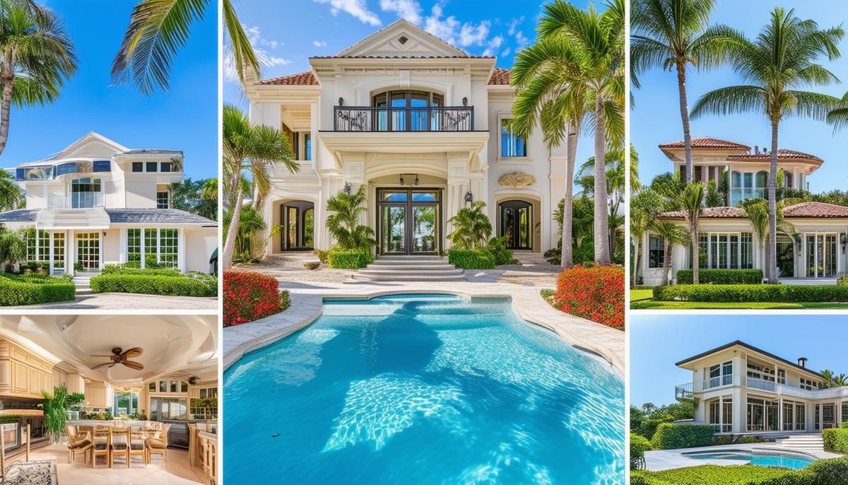 A collage showcasing different types of real estate photography: interior, exterior, aerial, and virtual tour images of Palm Beach properties