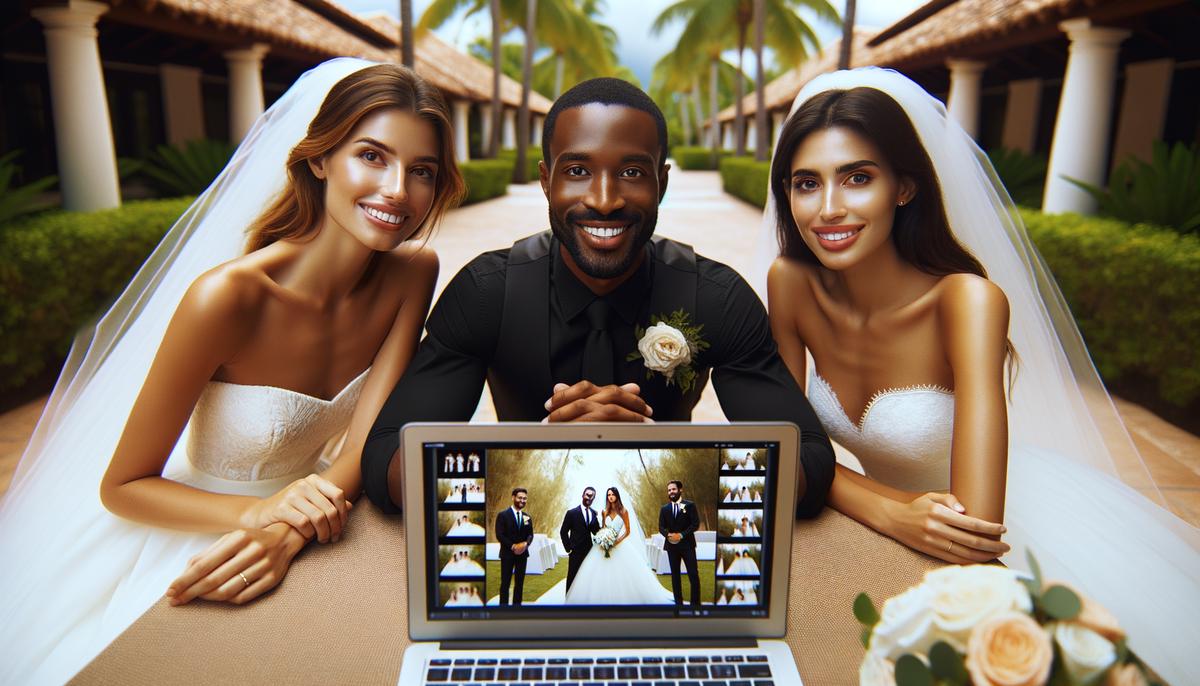 A happy newlywed couple reviewing their wedding photos with their photographer in Palm Beach
