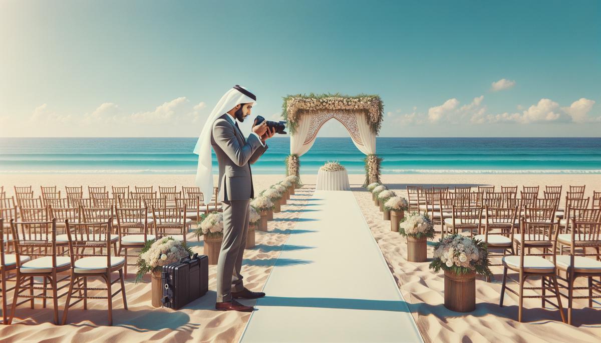 A professional wedding photographer in Palm Beach setting up equipment for a beach ceremony