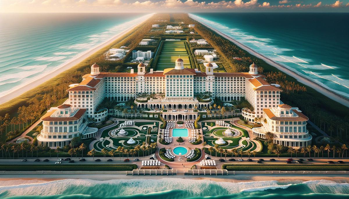 Aerial view of The Breakers hotel in Palm Beach, showcasing its grand architecture and lush gardens