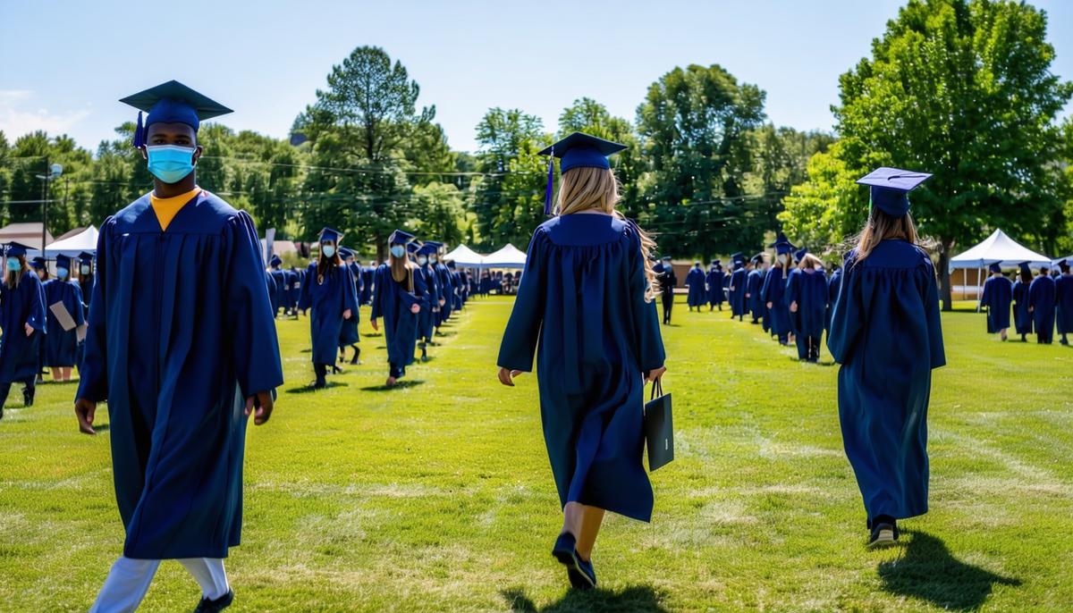 A socially distanced outdoor graduation ceremony with masked students