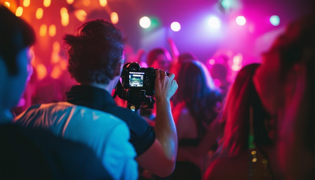 A party photographer in action, using various techniques to capture the energy of a Minneapolis nightclub