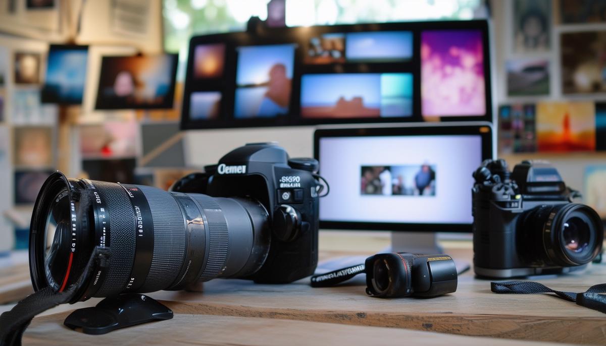 Photography equipment and examples of digital media projects demonstrating the diverse curriculum.