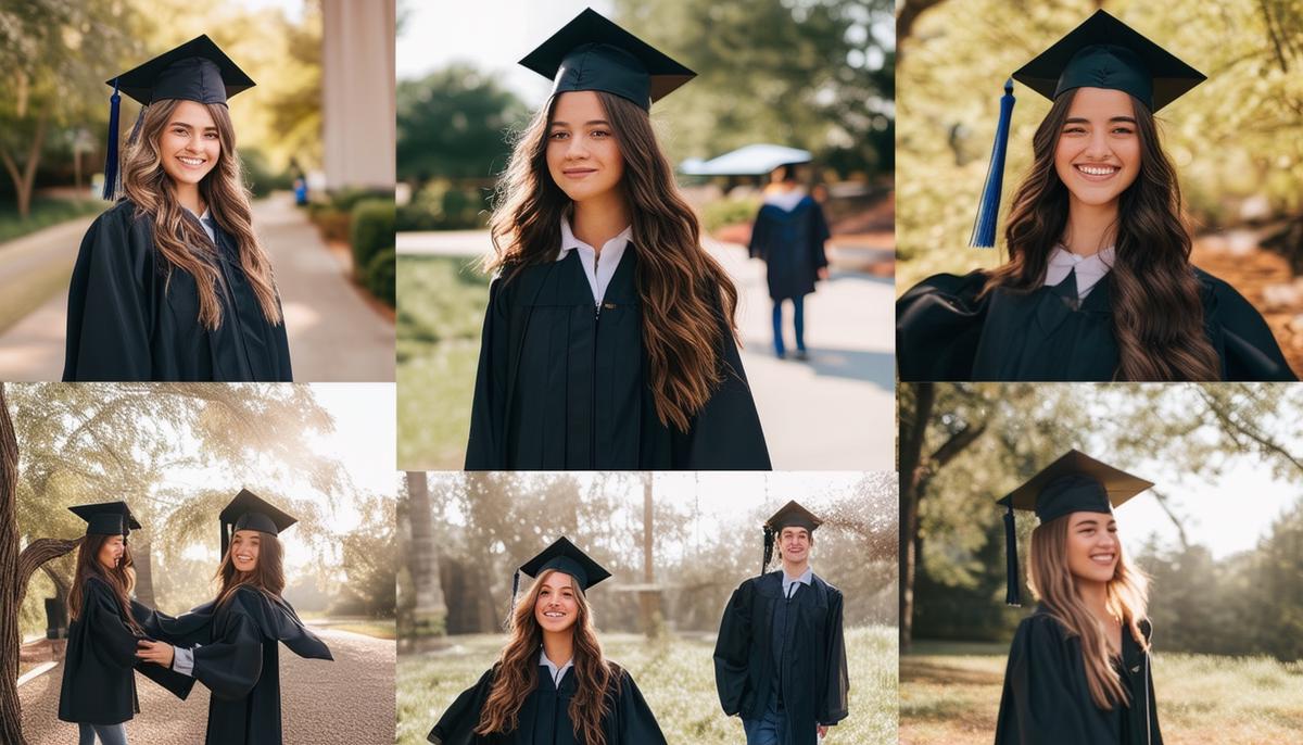 A collage of personalized graduation photoshoot elements including location scouting, outfit selection, and posing guidance