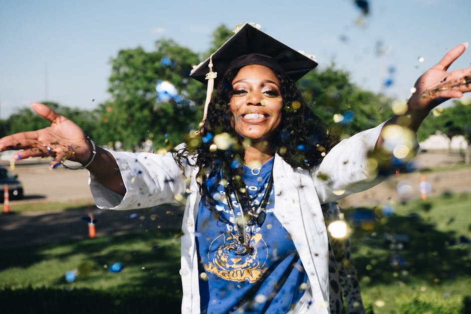 A creative graduation photo session showing a graduate posing with personal props and multiple outfit changes