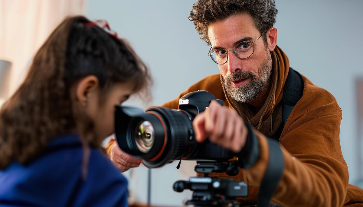 Adam, an award-winning photographer, teaching a student in a one-on-one photography lesson. Adam is pointing at the camera screen and explaining a concept to the attentive student.