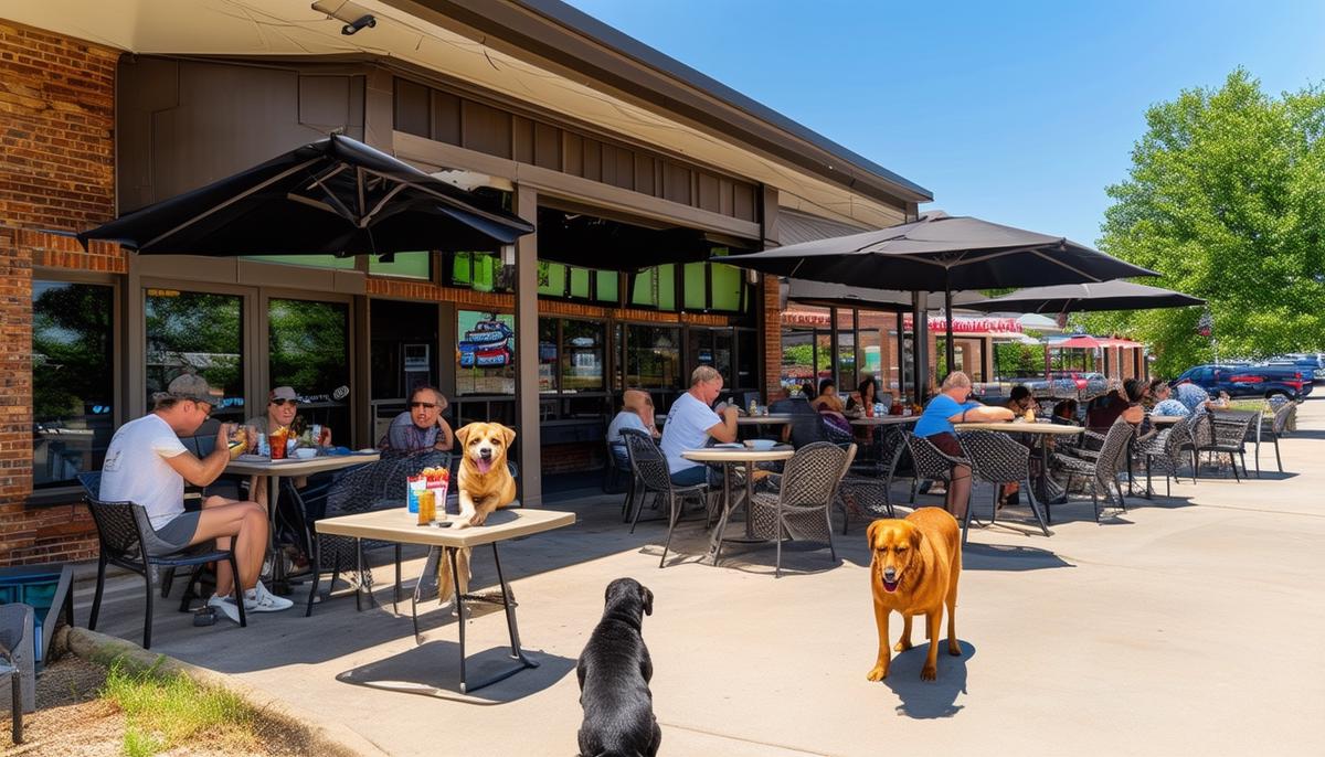 A welcoming pet-friendly restaurant in Rogers, AR, with outdoor seating area where customers are enjoying meals with their dogs