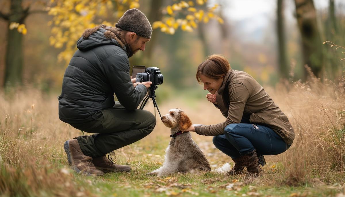 A pet photography session in progress, showing a photographer working with a dog and its owner in a natural outdoor setting