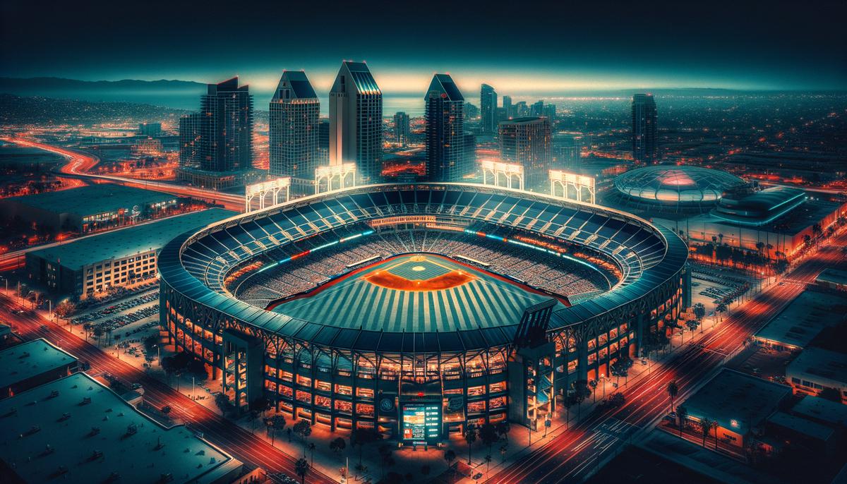 Aerial view of Petco Park baseball stadium illuminated at night, with the San Diego skyline in the background