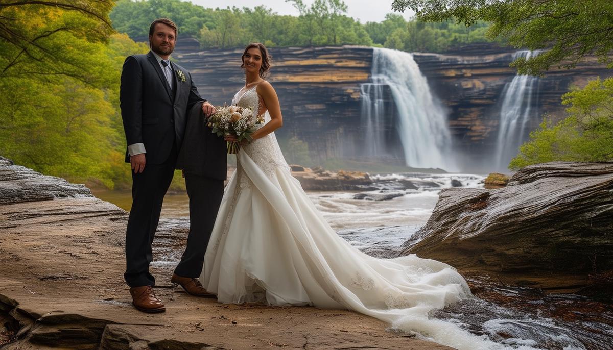 A bride and groom posing for a photo at Petit Jean State Park with dramatic waterfalls in the background